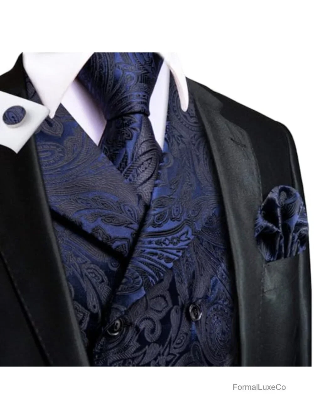 Men's Double Breasted Formal Vest Set with Tie, Pocket Square, Cufflinks for